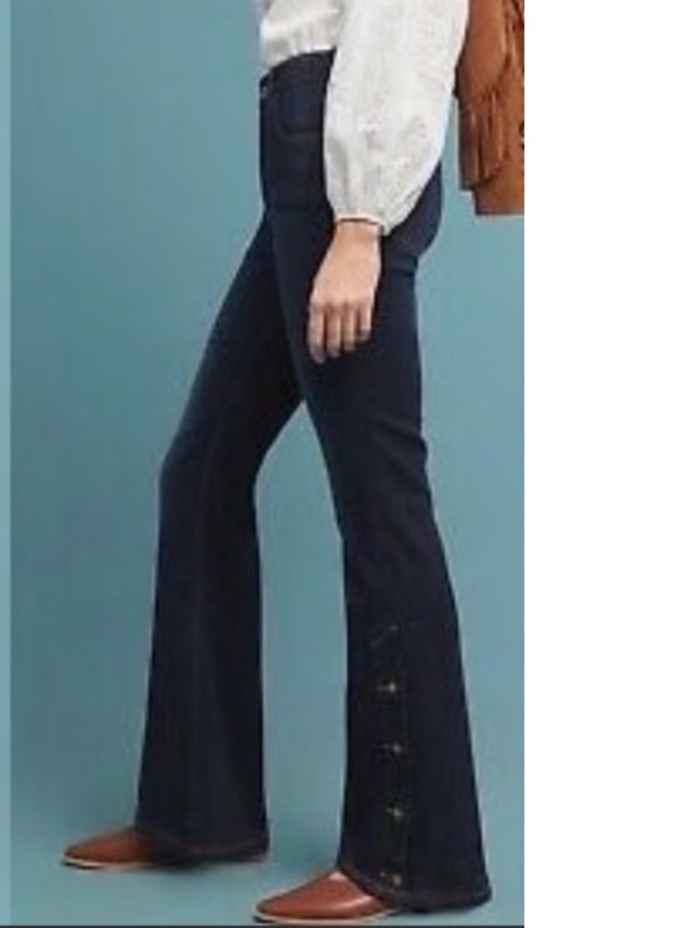 Pilcro High Rise Bootcut Dark Blue Flare Jeans Side buttons Size 27